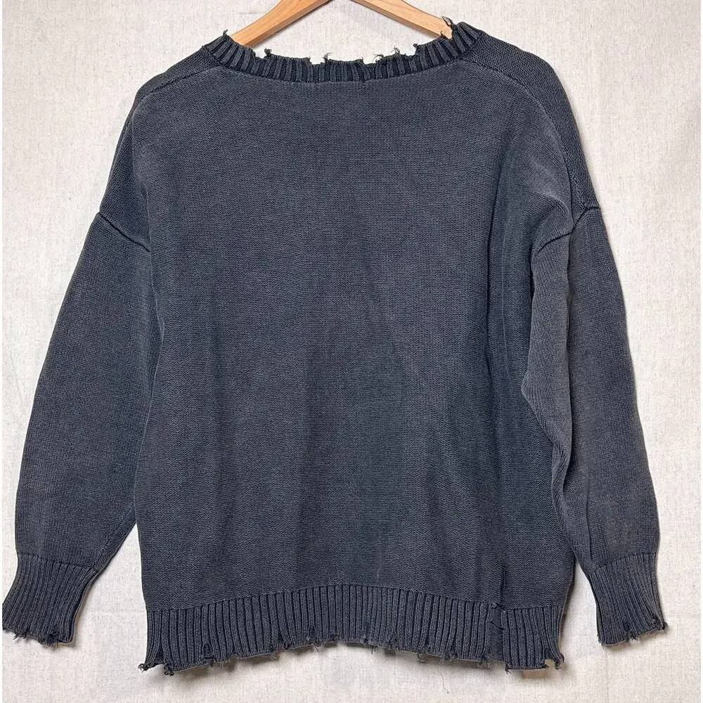 JEANASIS Sweater Raw Hem Distressed VNeck Black Women's Sz F One Size‎